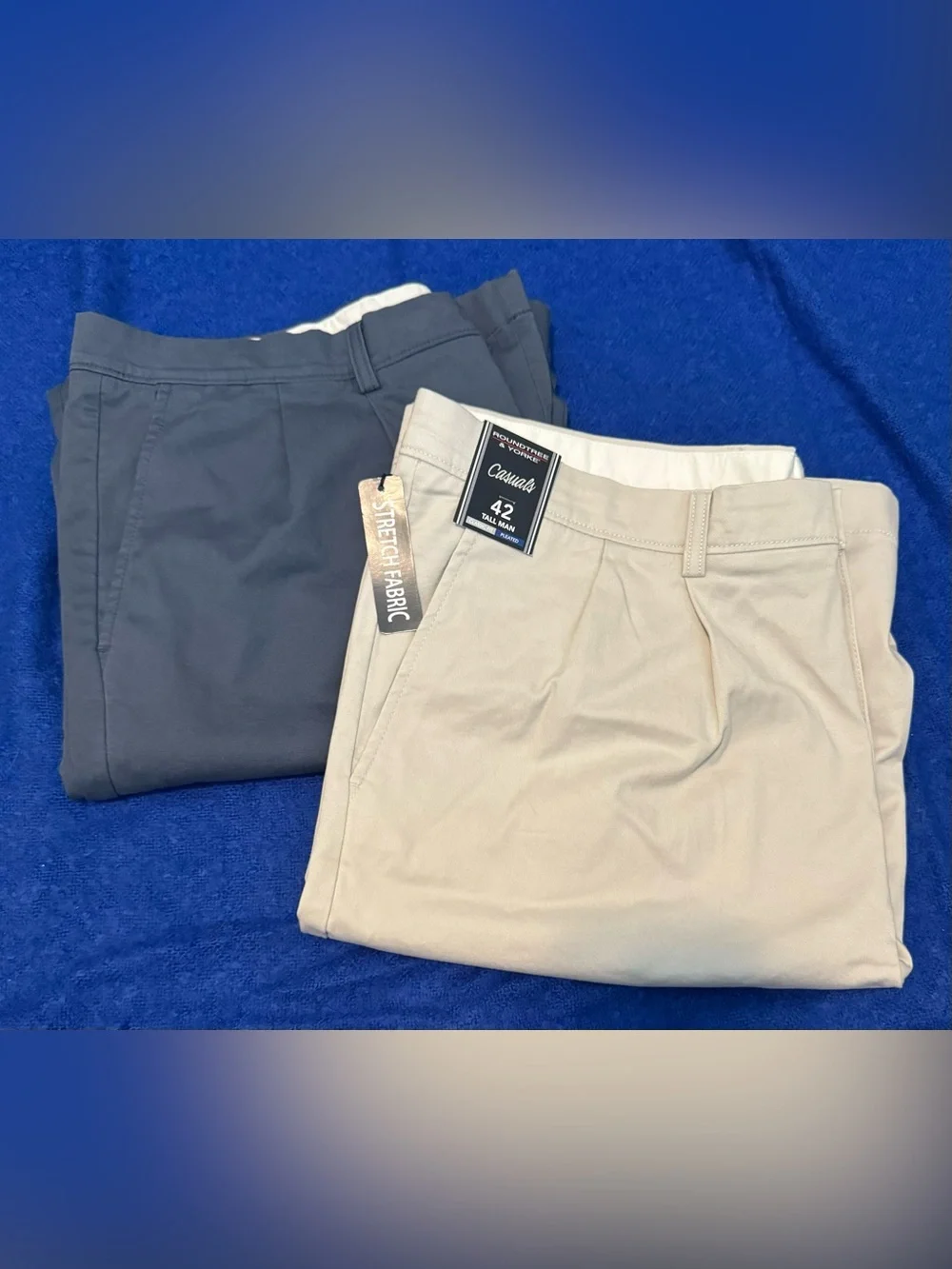 TWO Pairs of Roundtree & Yorke Chino Shorts:  Beige (NWT) Charcoal Blue (good)